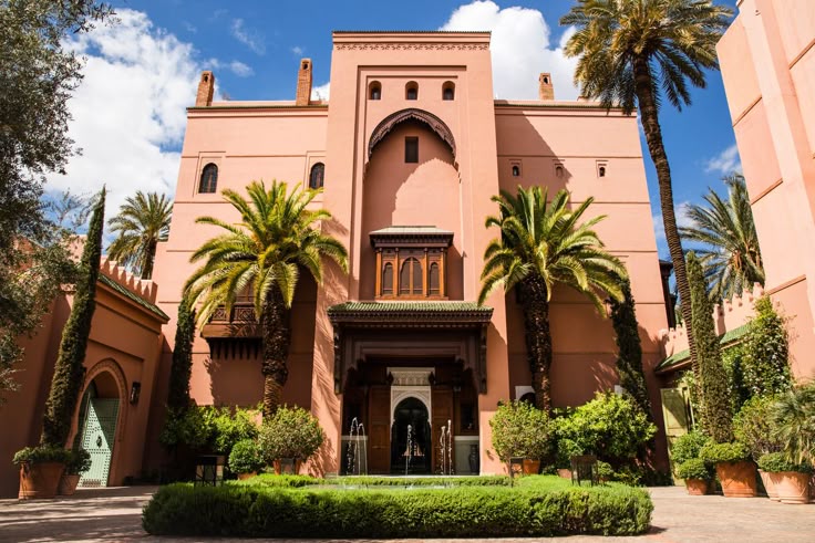 View of the luxurious Royal Mansour Marrakech, surrounded by Moroccan architecture and lush gardens
