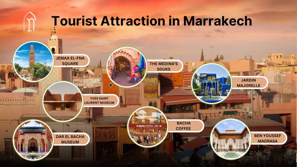 tourist attraction in marrakech, visiting places in marrakech, marrakech visiting places, bacha coffee, jemaa el-fna square