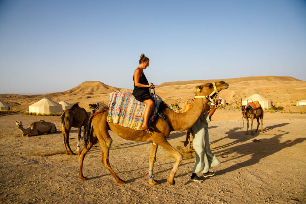 Mother enjoying a private family desert experience in Agafay, Morocco